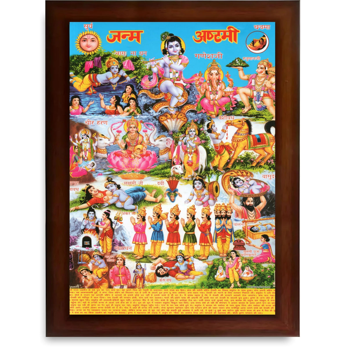 CRAFT QUEST Krishna Janmashtami Photo with Frame, Janmashtami Painting, Hindu God Wall Art, Spiritual Photo for Home Decor, Pooja Room,