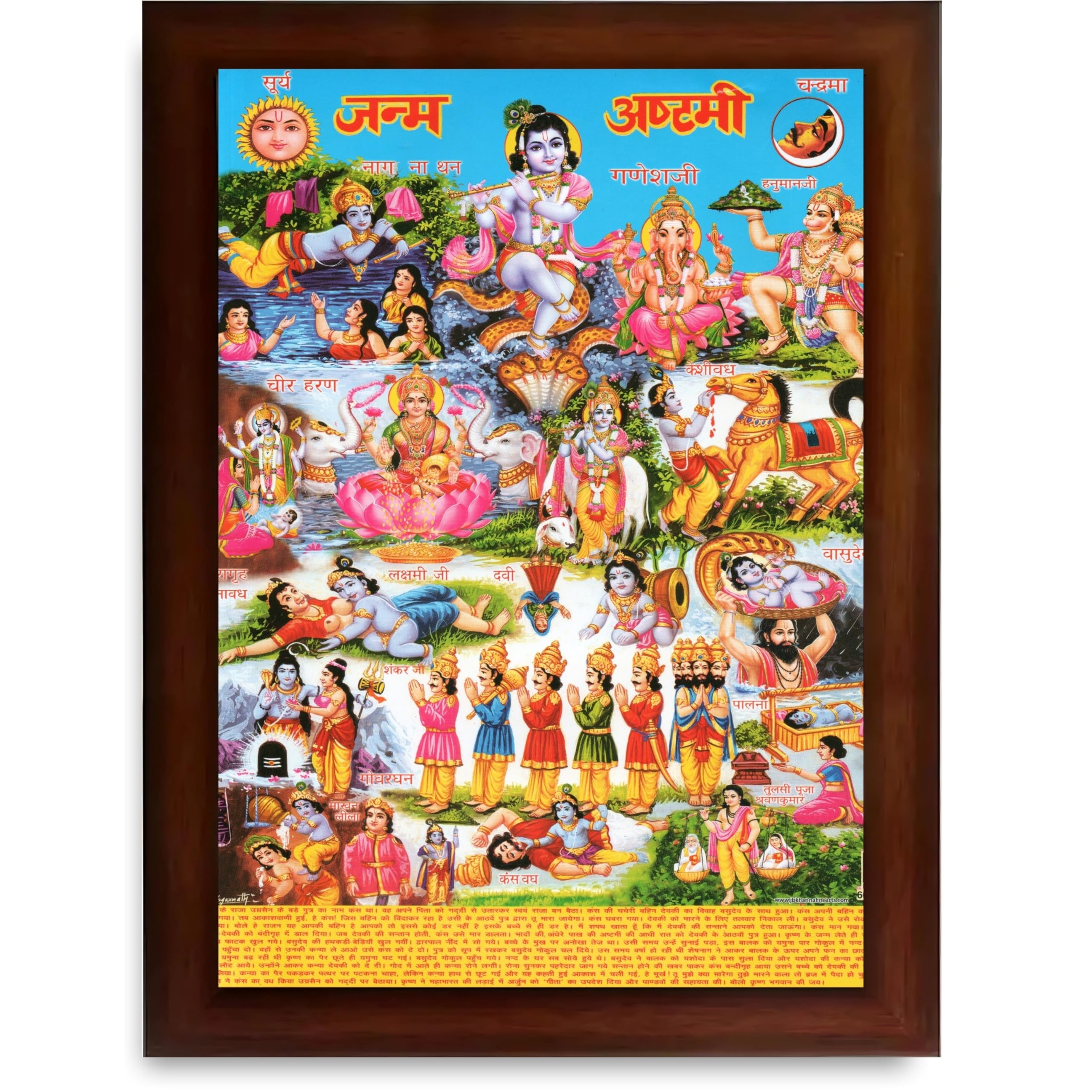 CRAFT QUEST Krishna Janmashtami Photo with Frame, Janmashtami Painting, Hindu God Wall Art, Spiritual Photo for Home Decor, Pooja Room,