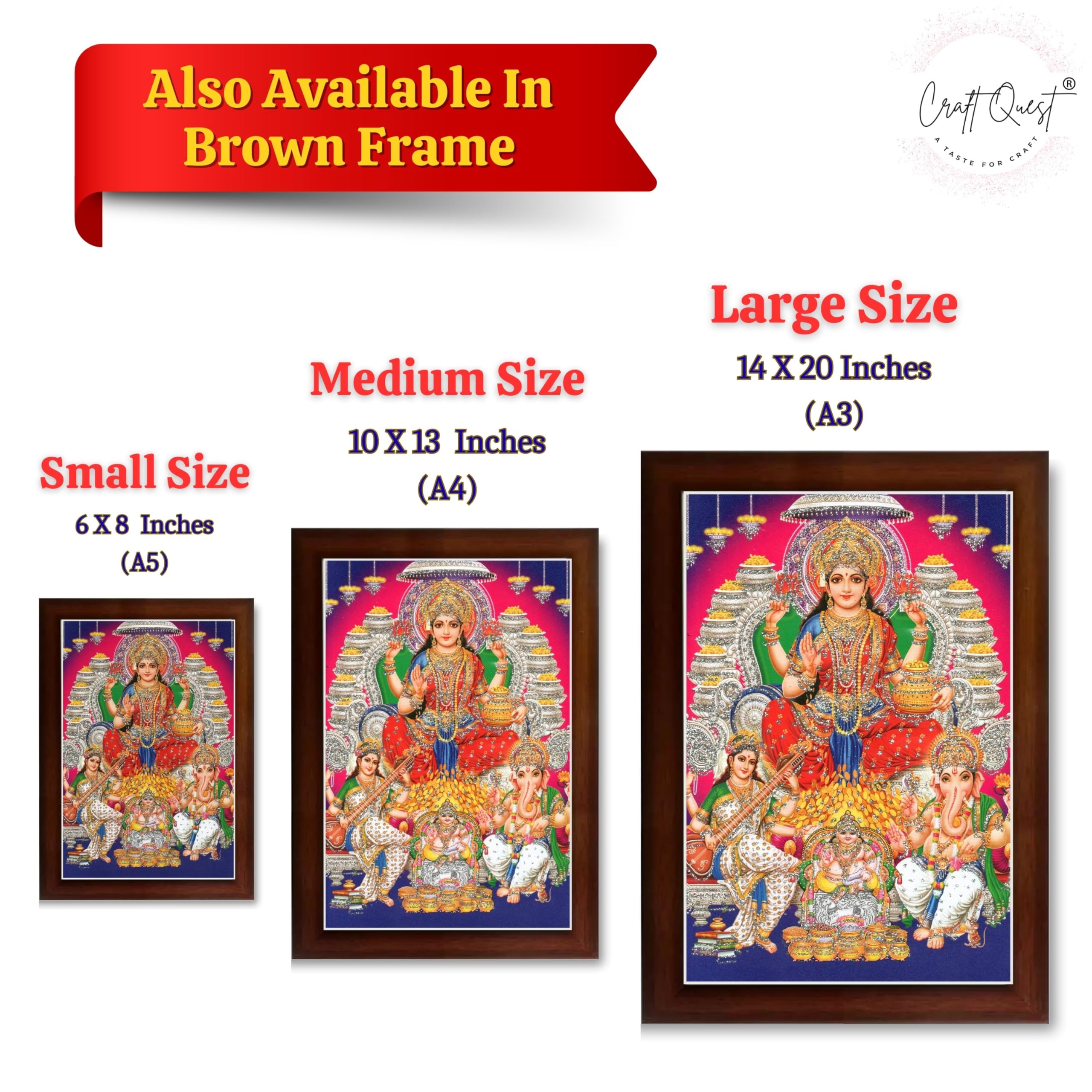 CRAFT QUEST Lord MahaLaxmi Ganesh Saraswati Ji Religious Hindu Photo Frame for Diwali,Wall, Table, Office, Temple, Pooja, Living Room and Decor