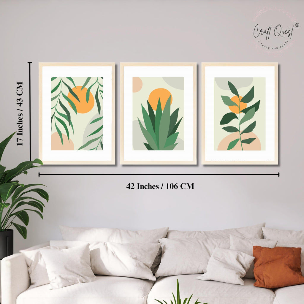CRAFT QUEST Nature Inspired Botanical Abstract Wall Art | Set of 3 Frames for Home Decoration | Ideal for Living Room, Bedroom & Office