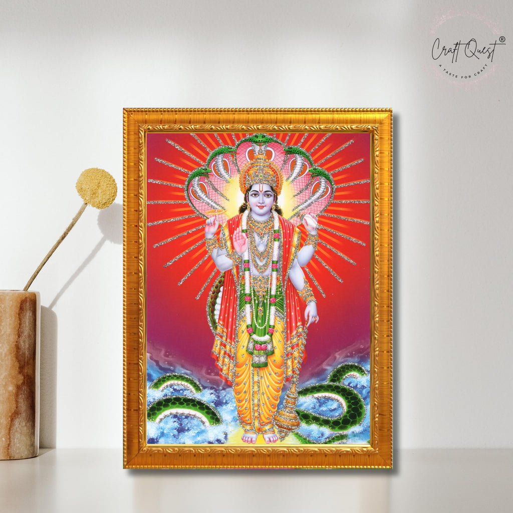 CRAFT QUEST Lord Vishnu Bhagwan Narayan Murti Mahavishnu Wall Painting Framed Home Décor, Religious Photo Frame