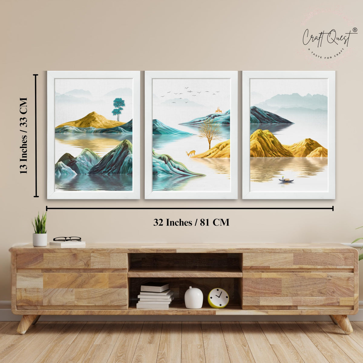 CRAFT QUEST Modern Art Abstract Geometric Gold Lines Wall Art | Set of 3 Frames for Home Decoration | Ideal for Living Room, Bedroom & Offices