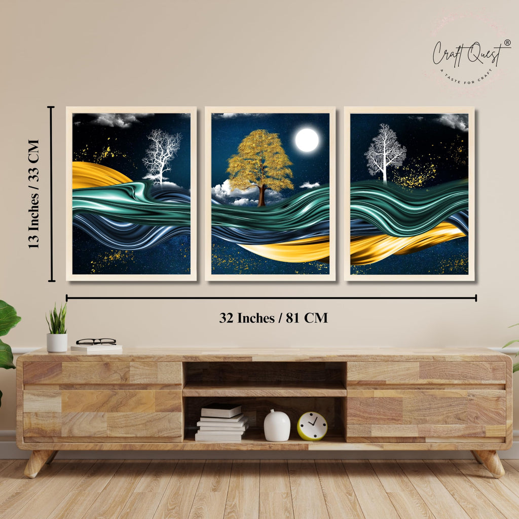 CRAFT QUEST Modern Art With Dark Blue Background & Golden Tree Wall Art | Set of 3 Frames for Home Decoration | Ideal for Living Room, Bedroom & Offices