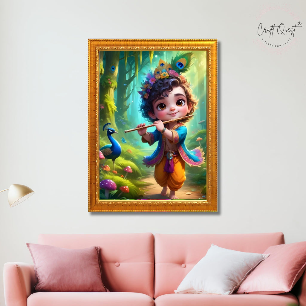 CRAFT QUEST Cute Little Krishna Frame | Bal Gopal HD Painting | Home Temple, Office Desk, Wall Décor Item