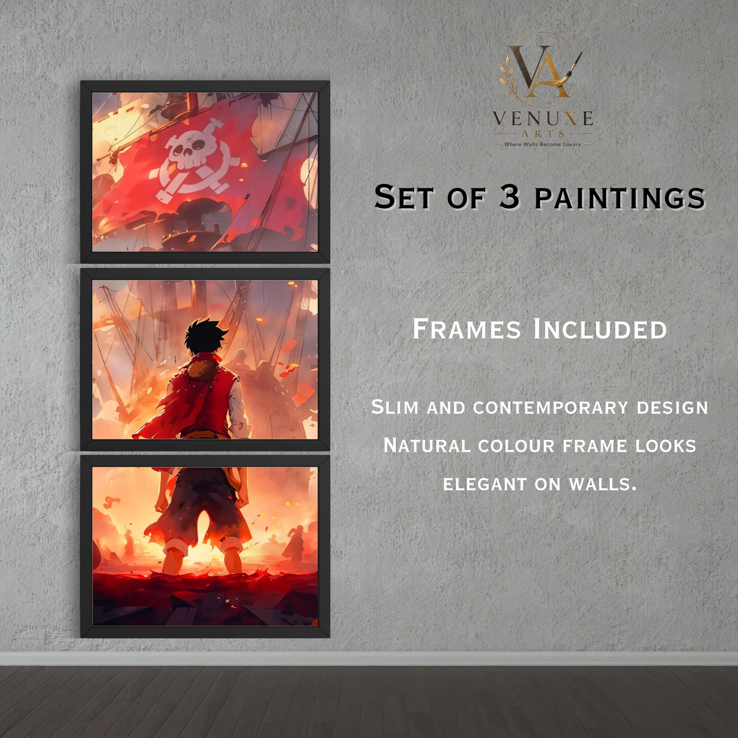 VENUXE ARTS Set Of 3 Anime Characters Wall Framed |Anime Characters Framed Poster for Living Room Bedroom Gaming Room Studio Wall Decor