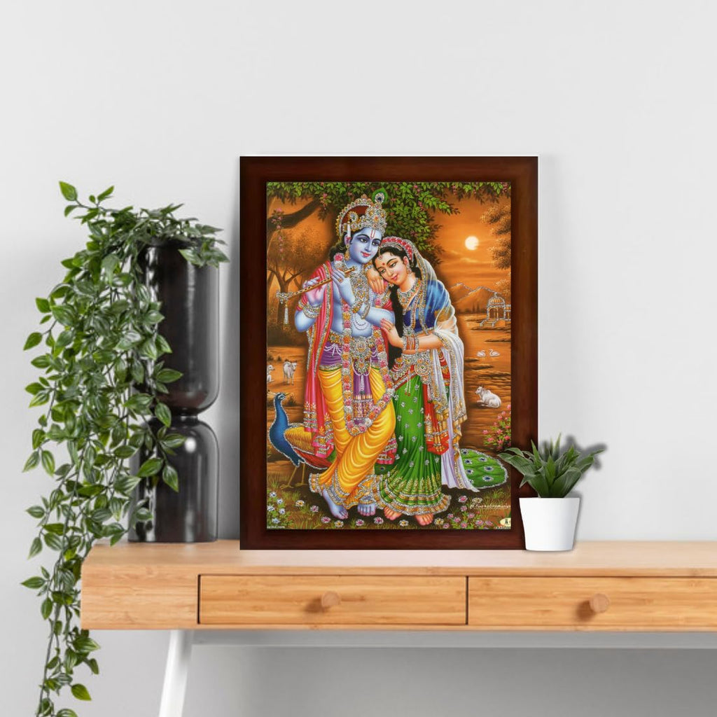 Craft Quest Radha Krishna Sparkle Coated Home Decorative Gift Item Framed Painting (10 X 14 Inches, Brown) RK1013-116