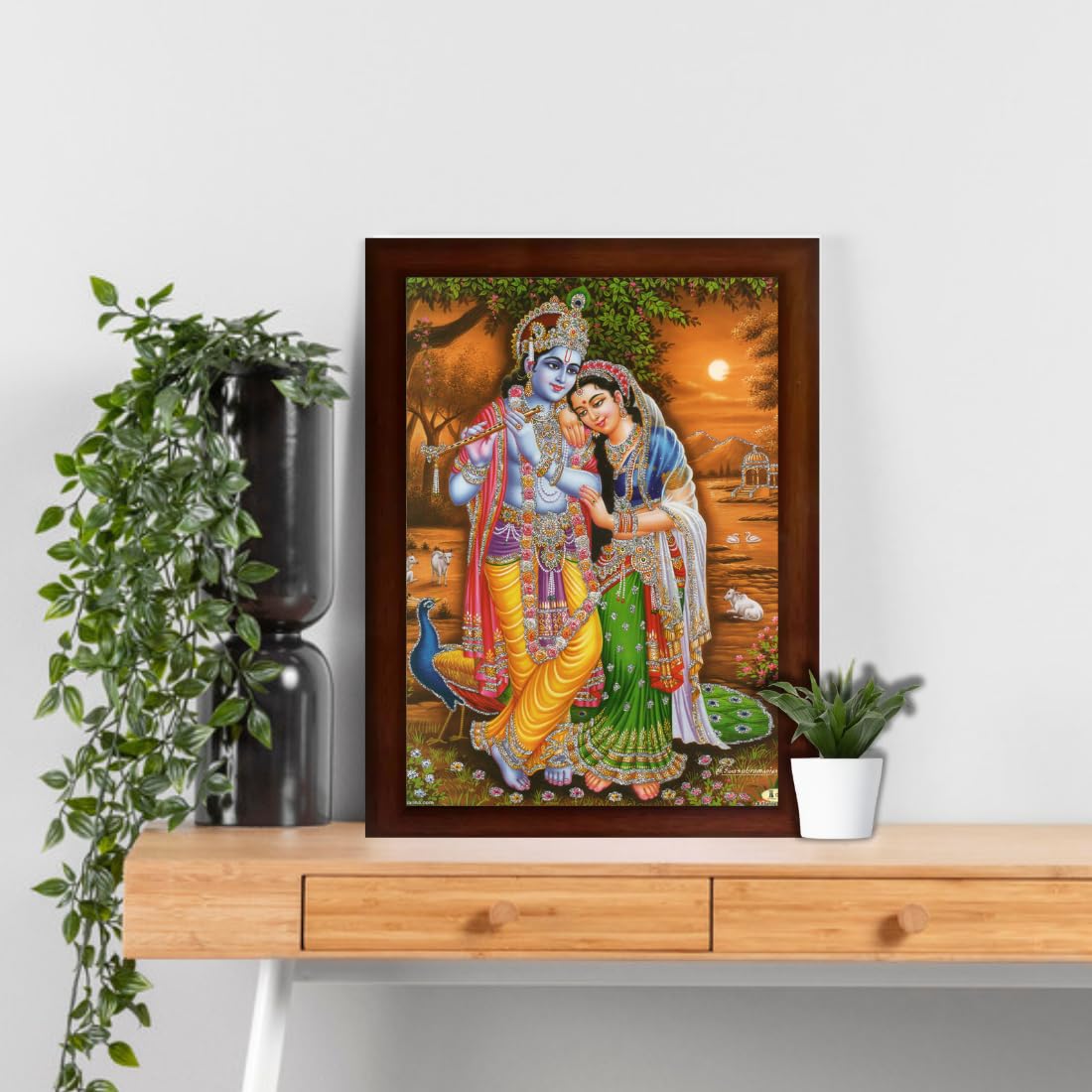 Craft Quest Radha Krishna Sparkle Coated Home Decorative Gift Item Framed Painting (10 X 14 Inches, Brown) RK1013-116