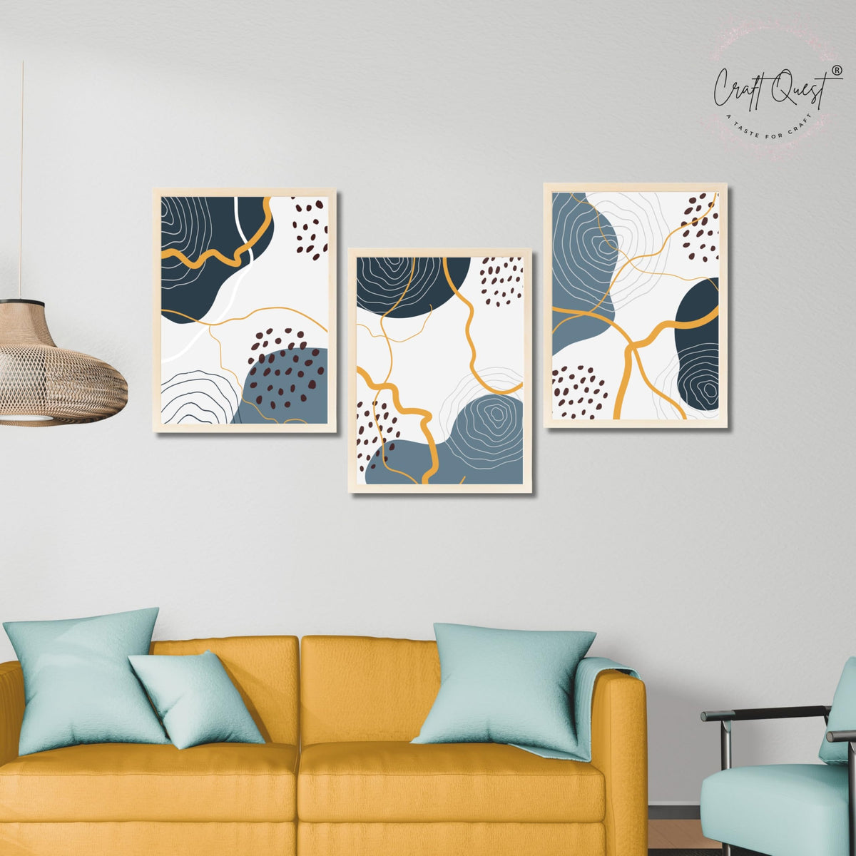 CRAFT QUEST Abstract Modern Shapes Wall Art | Set of 3 Frames for Home Decoration | Ideal for Living Room, Bedroom & Offices