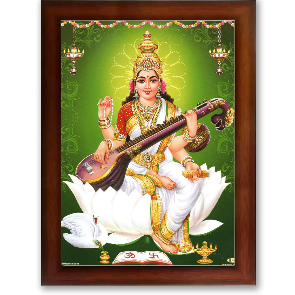 CRAFT QUEST Saraswati Devi Goddess Saraswathi Maa Wall Painting Sparkle Coated Framed Home Décor