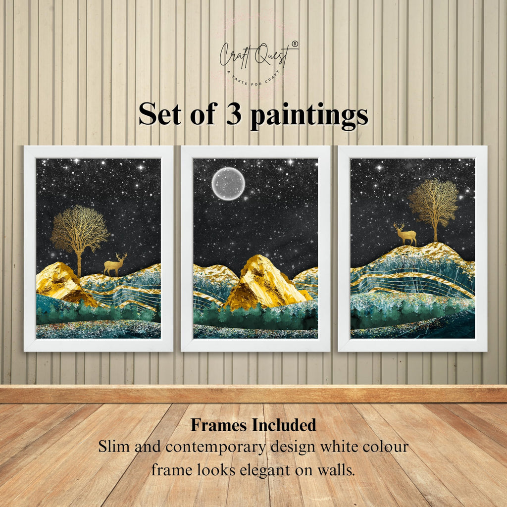 CRAFT QUEST Modern Art Landscape With Turquoise Mountains & Golden Trees Wall Art | Set of 3 Frames for Home Decoration | Ideal for Living Room, Bedroom & Offices