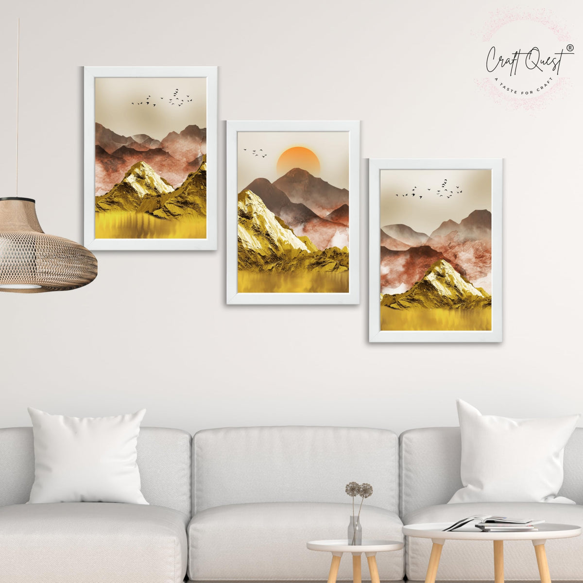 CRAFT QUEST Modern Art Mural Landscape Golden Mountains & Birds Wall Art | Set of 3 Frames for Home Decoration | Ideal for Living Room, Bedroom & Offices