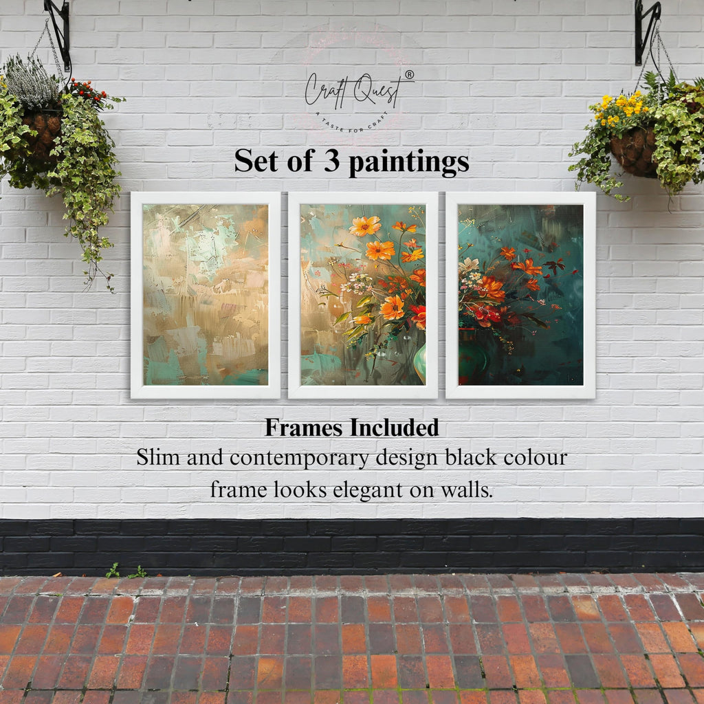 CRAFT QUEST Nature Inspired Paintings Of Flowers Wall Art | Set of 3 Frames for Home Decoration | Ideal for Living Room, Bedroom & Office