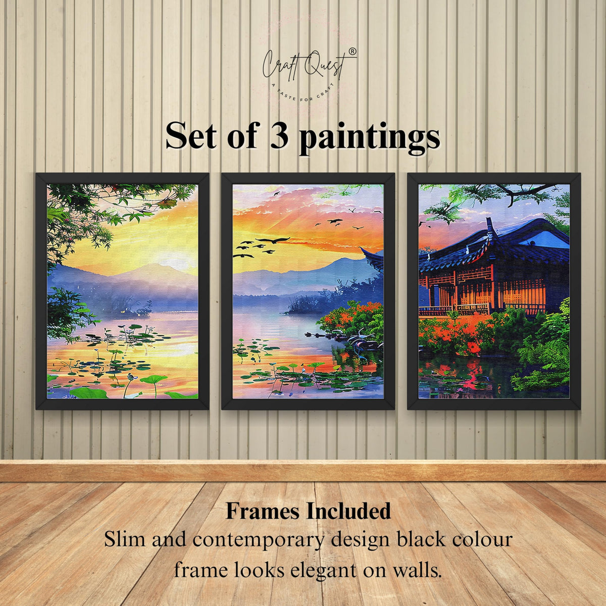 CRAFT QUEST Modern Art Of Sunset Wall Art | Set of 3 Frames for Home Decoration | Ideal for Living Room, Bedroom & Offices