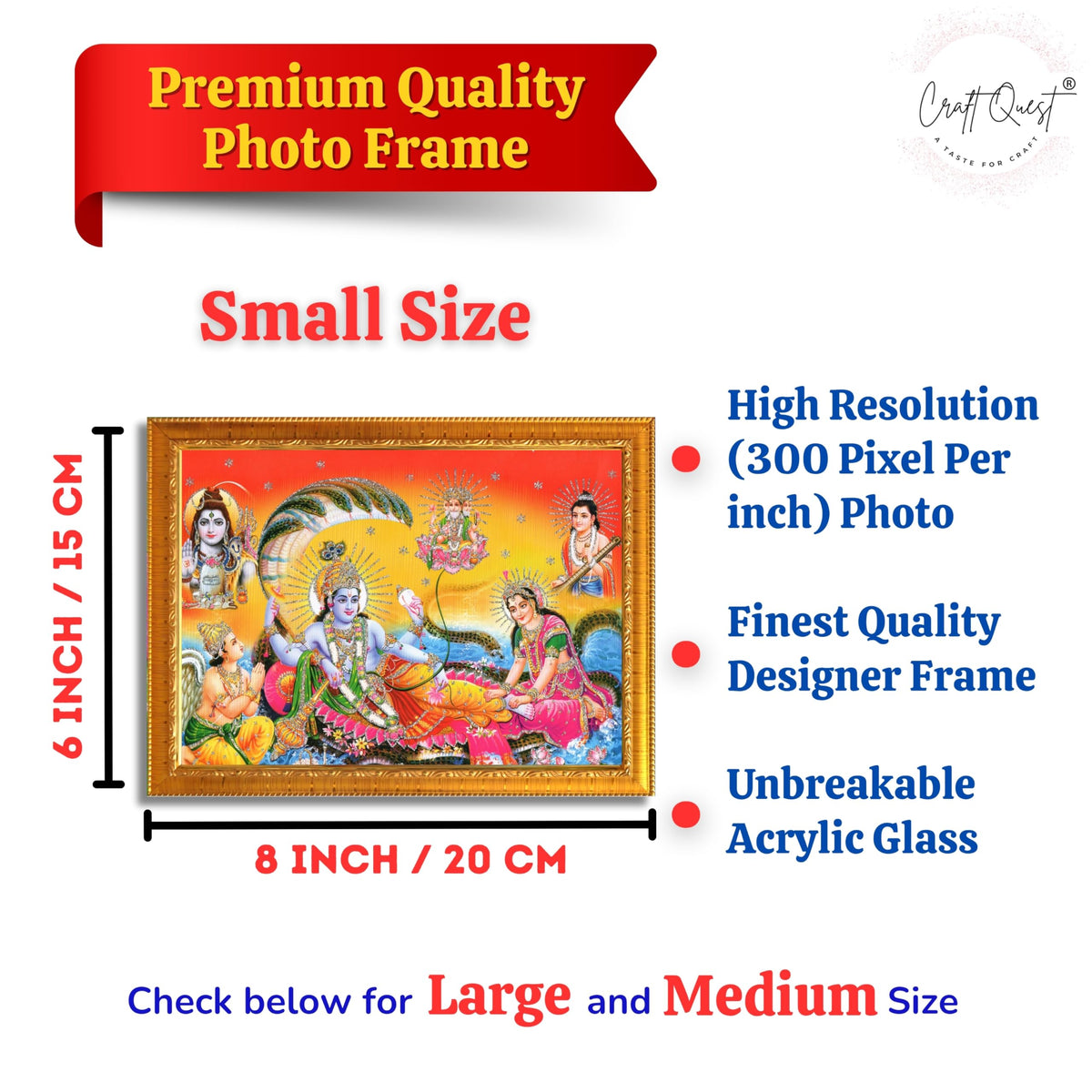 CRAFT QUEST Goddess Lakshmi pressing legs of lord Vishnu on Shesh naag, Glitter Work Painting wooden frame