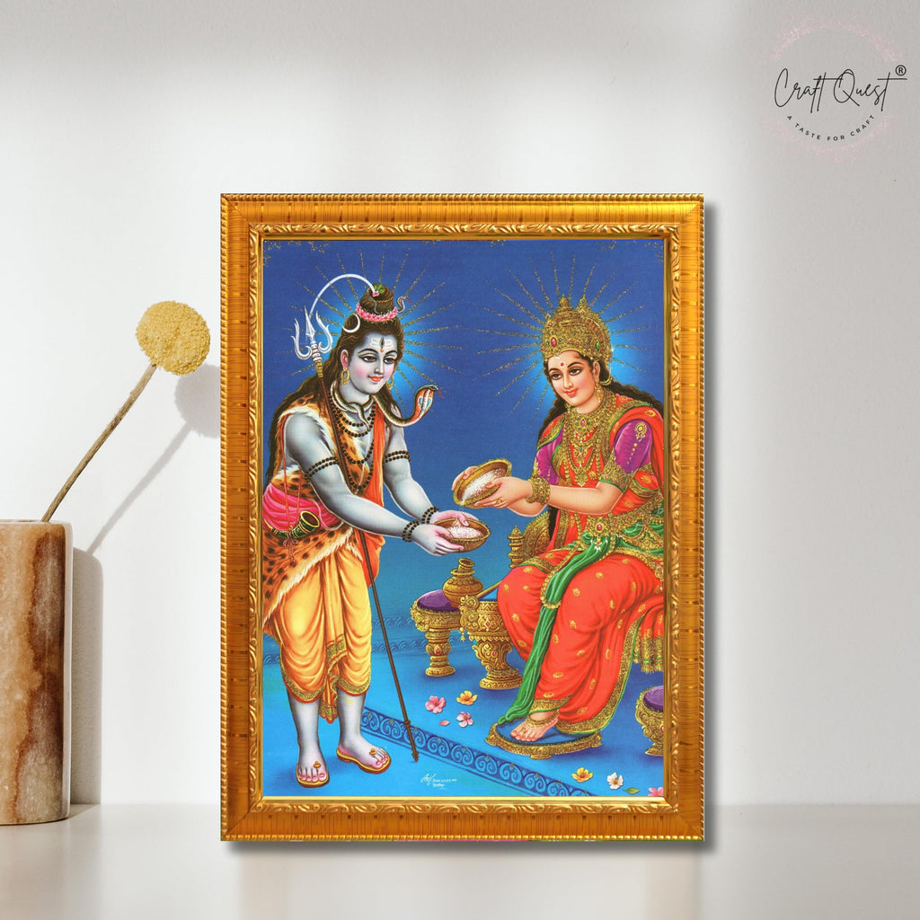 CRAFT QUEST Shiva & Maa Annapurna devi sitting on throne photo frame with Laminated Poster for Kitchen Worship