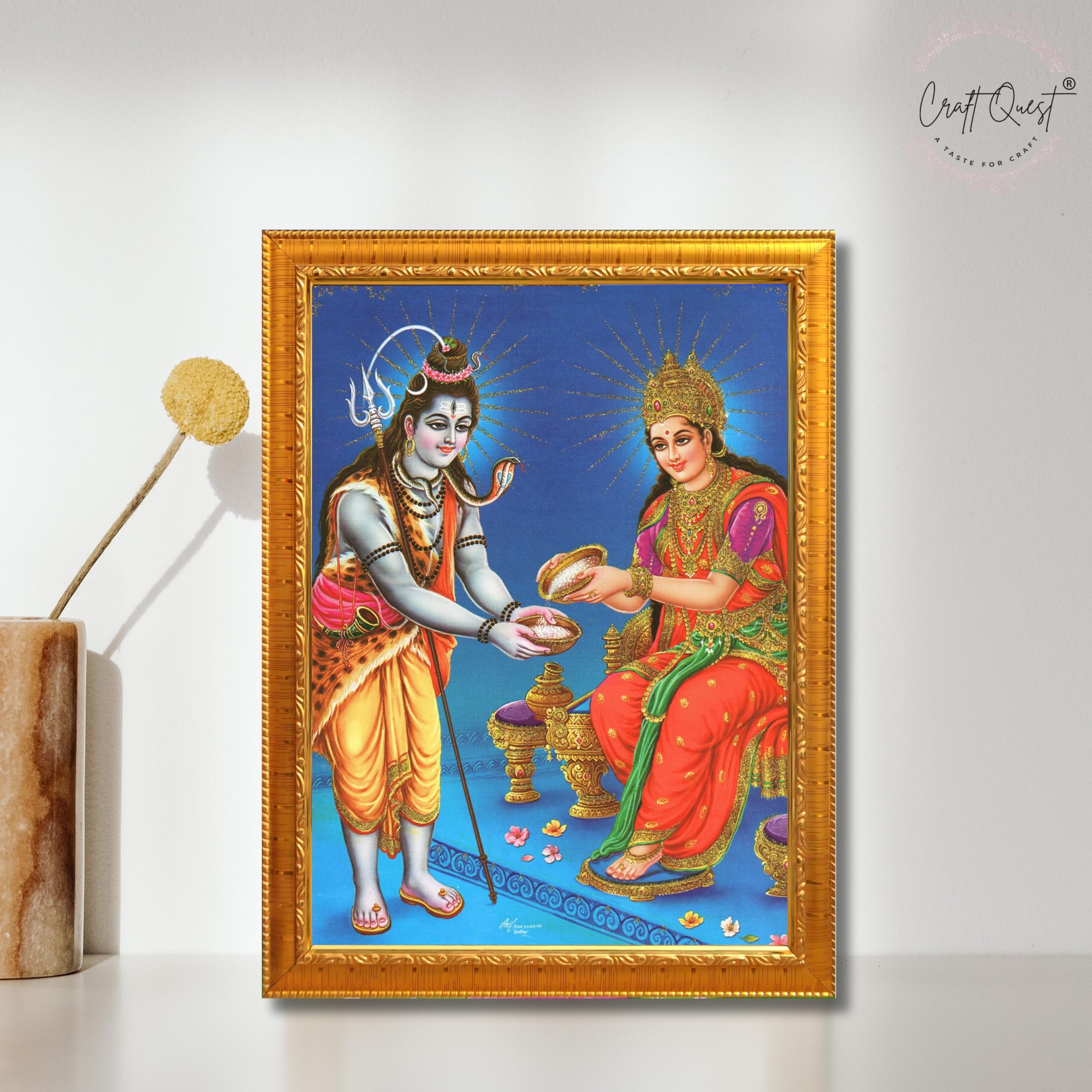 CRAFT QUEST Shiva & Maa Annapurna devi sitting on throne photo frame with Laminated Poster for Kitchen Worship