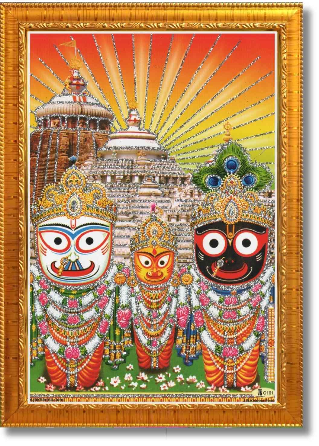 CRAFT QUEST Puri Jagannath Subhadra Balabhadra Balaram Wall Painting Framed Home Decor (Wood,Matte,Gold,Small Size,6 x 8 Inch)