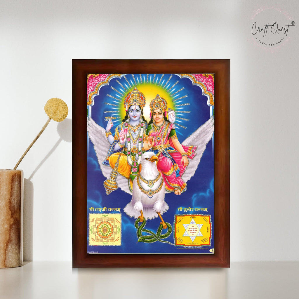 CRAFT QUEST Lord Vishnu and Goddess Lakshmi Giving Blessing on Garud, Glitter Work Painting