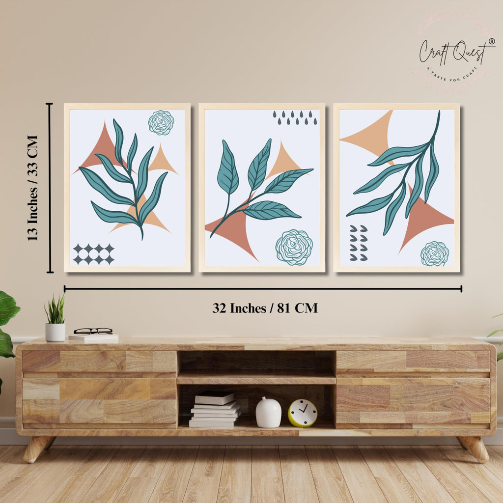 CRAFT QUEST Nature Inspired Botanical Wall Art Abstract Leaves Wall Art | Set of 3 Frames for Home Decoration | Ideal for Living Room, Bedroom & Office
