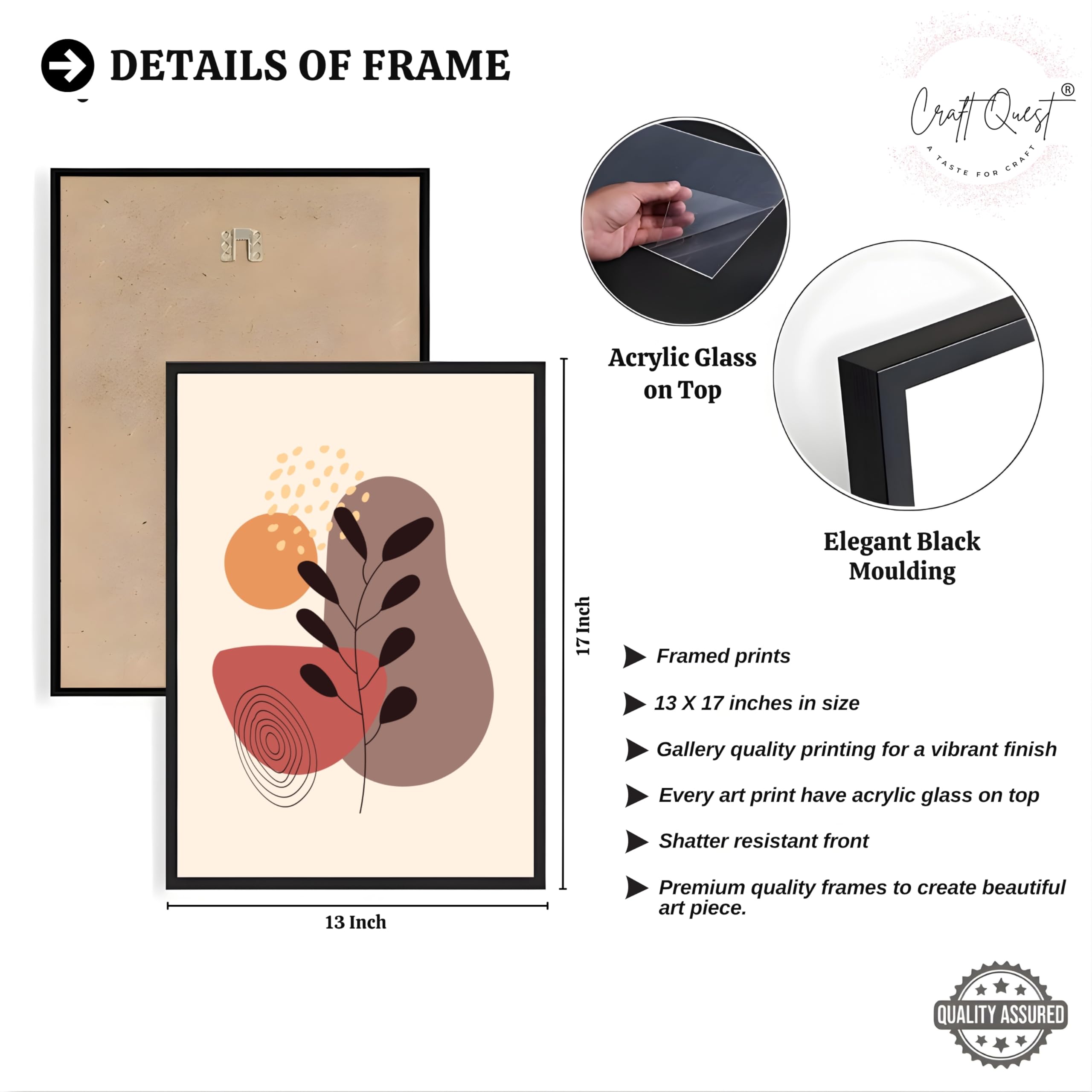 CRAFT QUEST Wall Art Decor Paintings | Set of 3 BOHO Wall Art Frames for Home Decoratio | Ideal for Living Room, Office & Bedrooms
