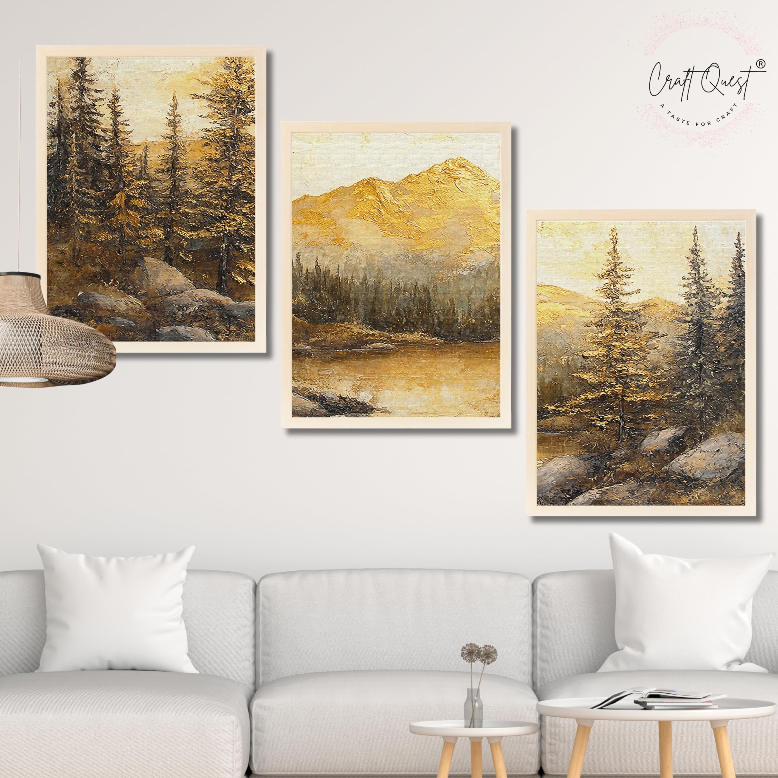 CRAFT QUEST Nature Inspired Painting Of Mountain With Trees Wall Art | Set of 3 Frames for Home Decoration | Ideal for Living Room, Bedroom & Office