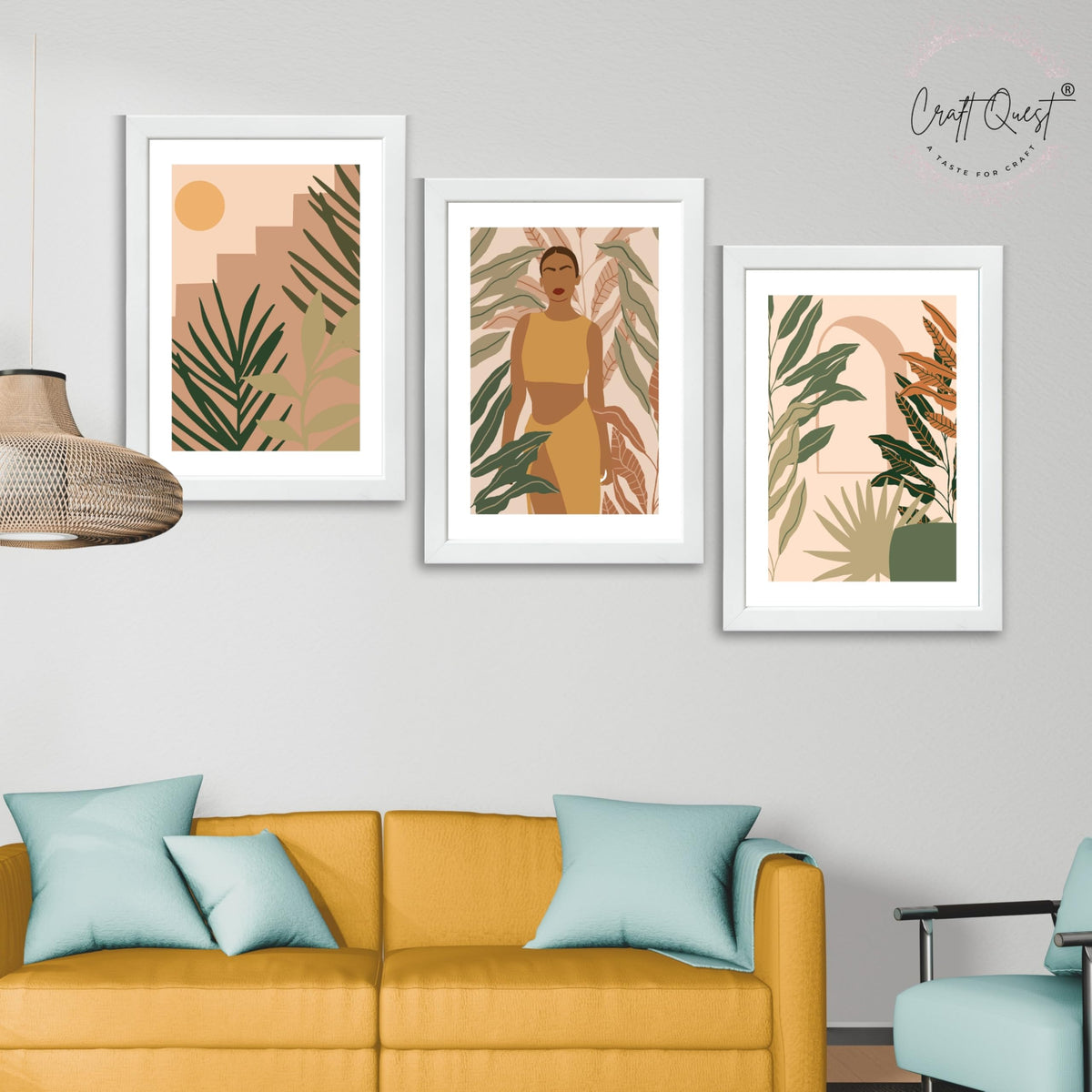 CRAFT QUEST Beautiful Abstract Of American Woman & Tropical Leaves Wall Art | Set of 3 Frames for Home Decoration | Ideal for Living Room, Bedroom & Offices