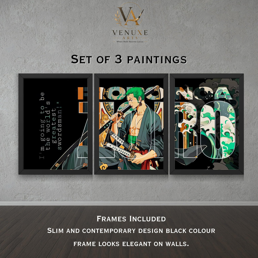 VENUXE ARTS Set Of 3 Anime Characters Wall Framed |Anime Characters Framed Poster for Living Room Bedroom Gaming Room Studio Wall Decor