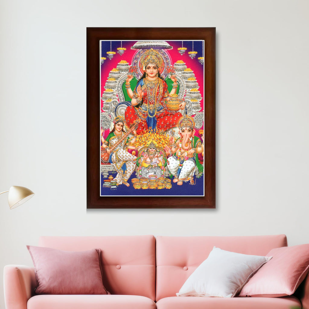 CRAFT QUEST Lord MahaLaxmi Ganesh Saraswati Ji Religious Hindu Photo Frame for Diwali,Wall, Table, Office, Temple, Pooja, Living Room and Decor