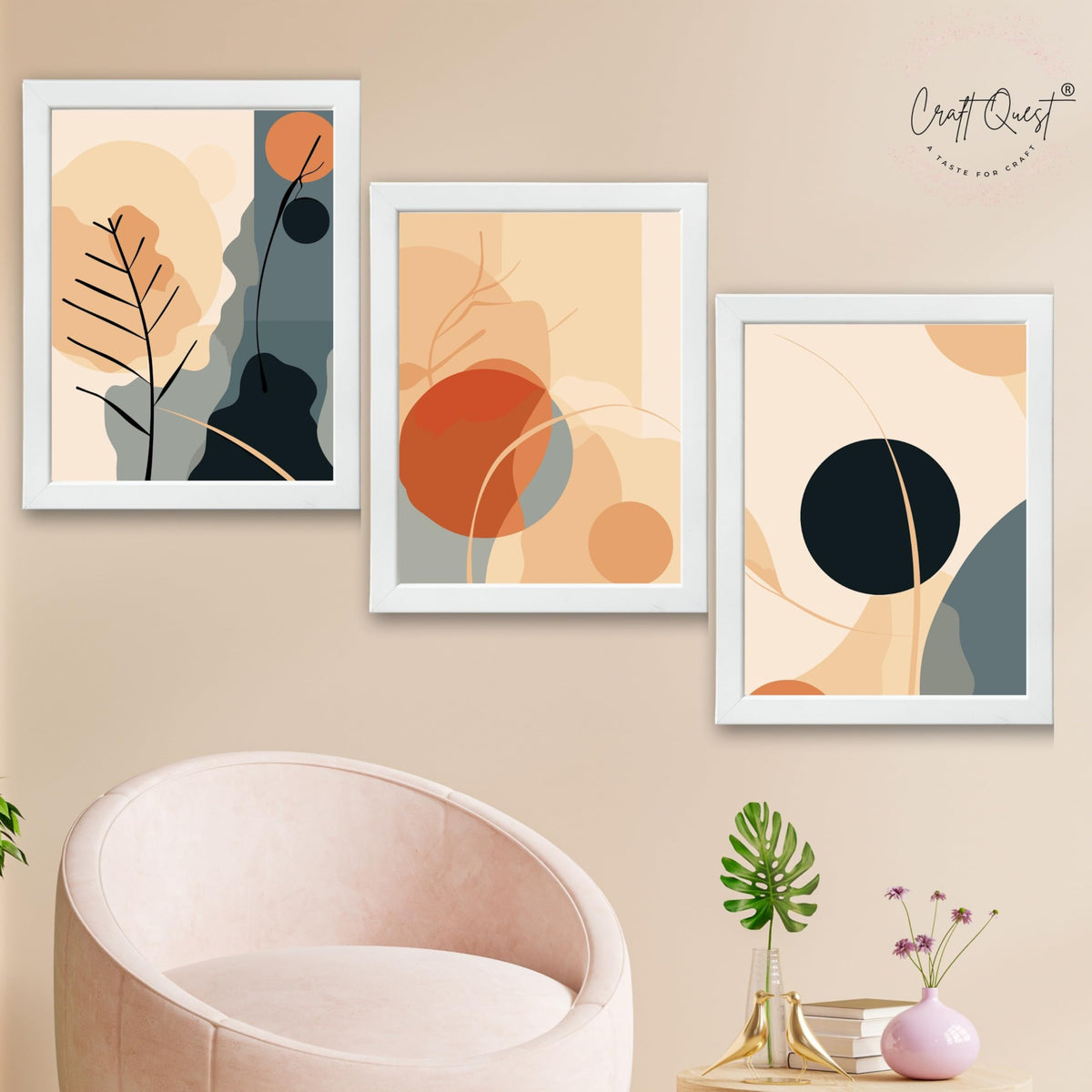 CRAFT QUEST Wall Art Decor Paintings | Set of 3 BOHO Wall Art Frames for Home Decoration | Ideal for Living Room, Officess & Bedrooms