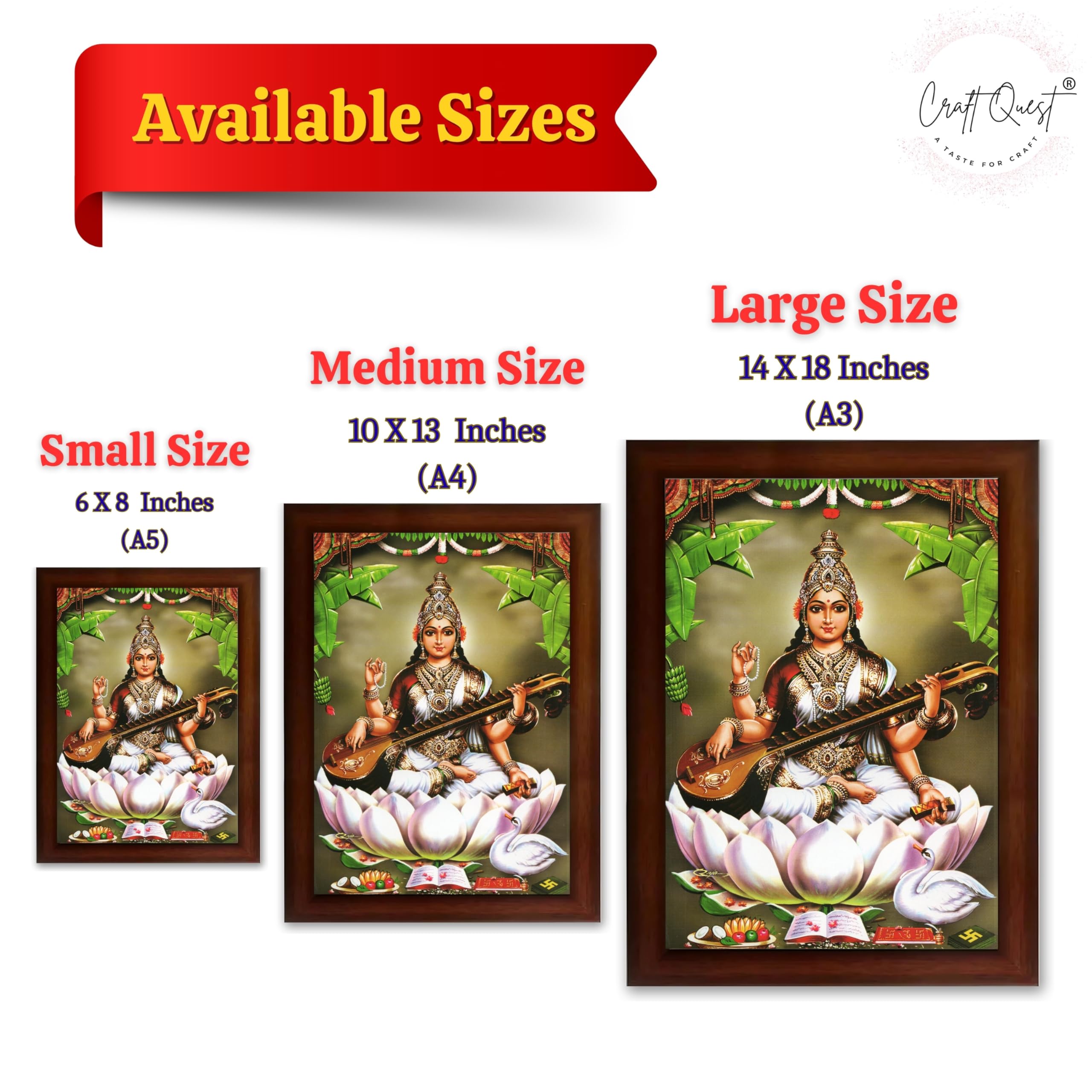 CRAFT QUEST Saraswati Devi Goddess Saraswathi Maa Photo Frame | Religious Photo Frame | Ideal for Home, Office, Temple & Puja Room, Wall Decor