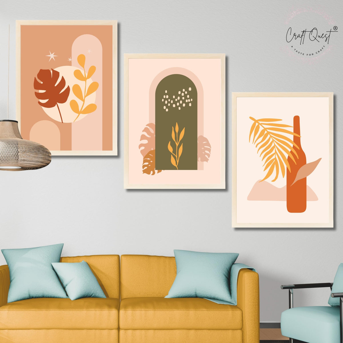 CRAFT QUEST Wall Art Decor Paintings | Set of 3 BOHO Wall Art Frames for Home Decoration | Ideal for Living Room, Offices & Bedrooms