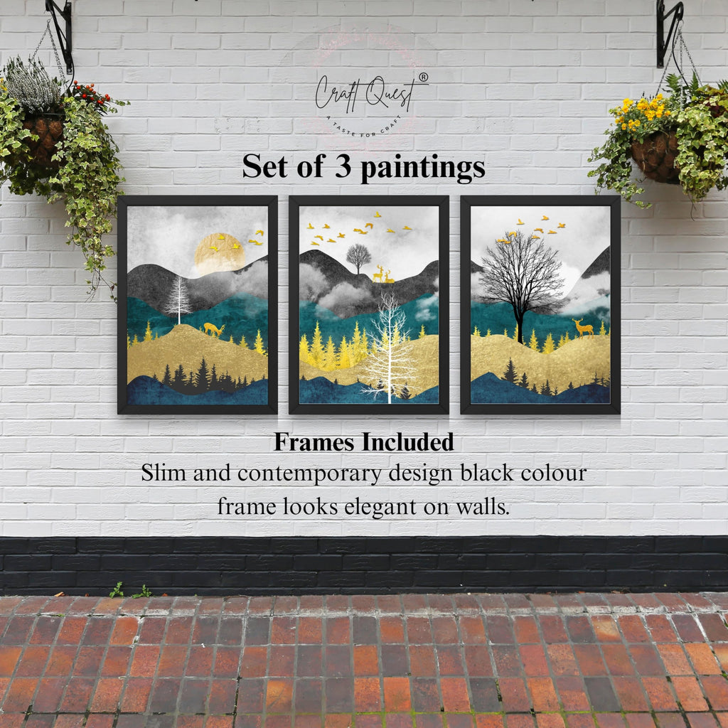CRAFT QUEST Artistic Composed Abstract Geometric Gold Lines | Set of 3 Frames for Home Decoration | Ideal for Living Room, Bedroom & Offices