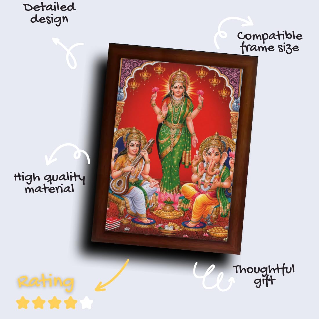 CRAFT QUEST Standing Lakshmi Jii with ganesh ji and saraswati maa Wall Painting Frame for Shop or Business (Synthetic, Matte Finish, Brown, Large Size, 14 X 10 Inch)