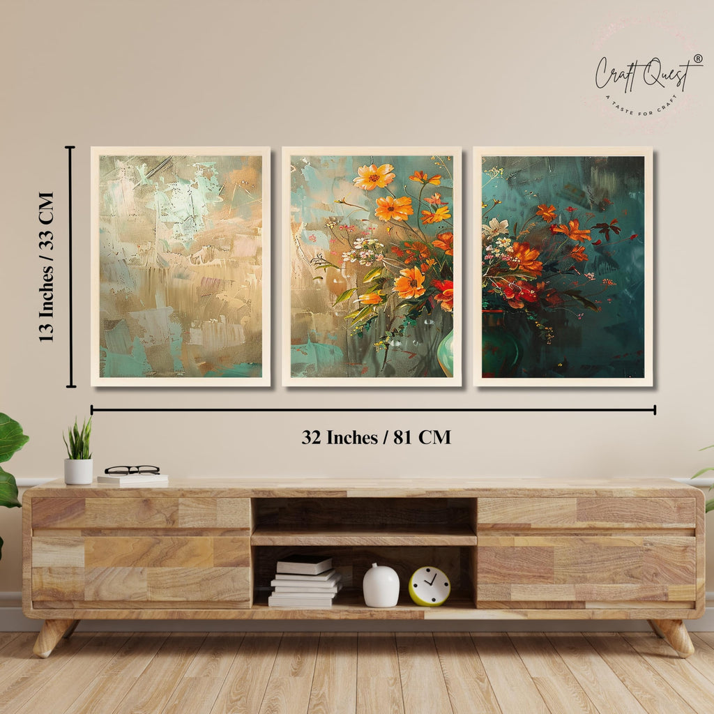 CRAFT QUEST Nature Inspired Paintings Of Flowers Wall Art | Set of 3 Frames for Home Decoration | Ideal for Living Room, Bedroom & Office