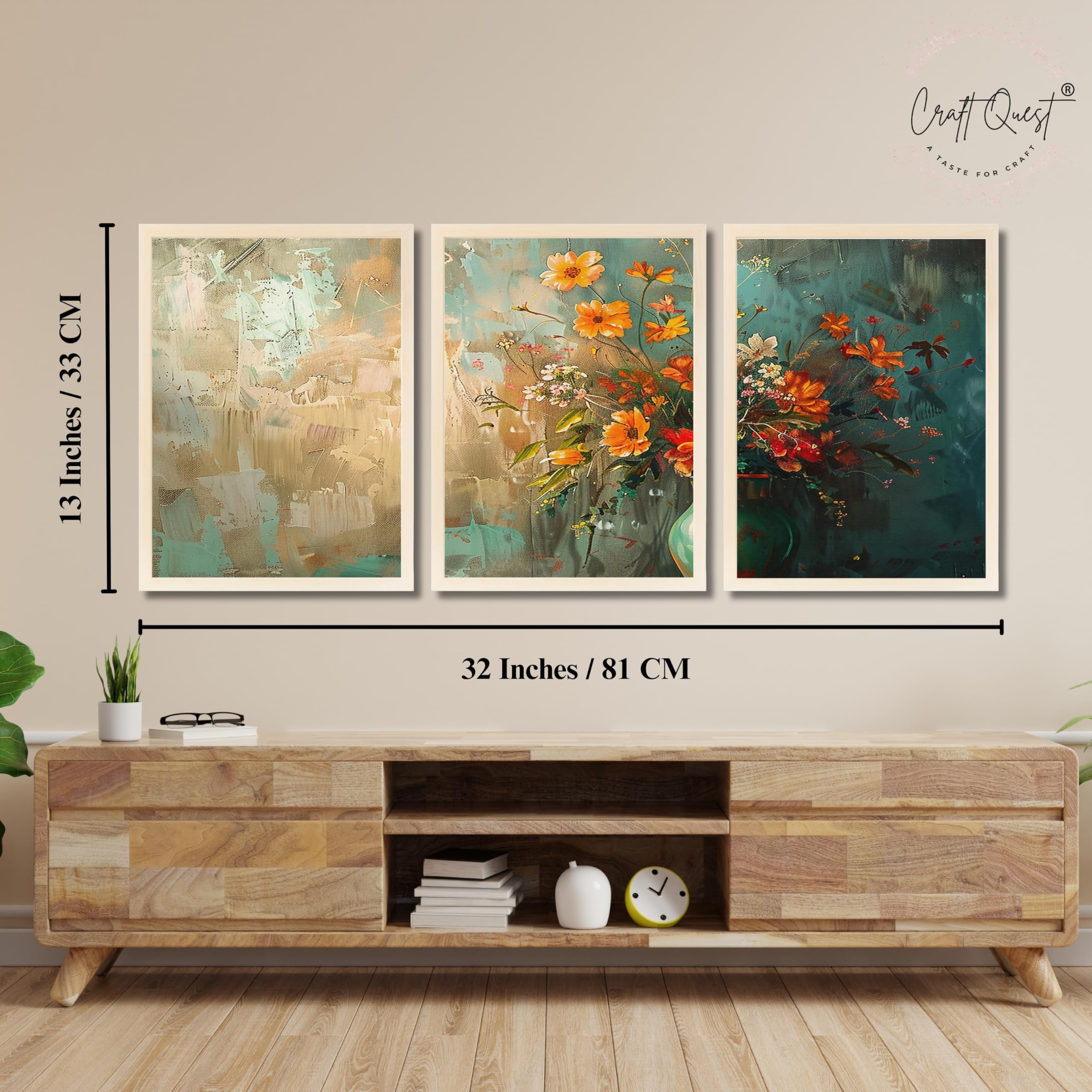 CRAFT QUEST Nature Inspired Paintings Of Flowers Wall Art | Set of 3 Frames for Home Decoration | Ideal for Living Room, Bedroom & Office