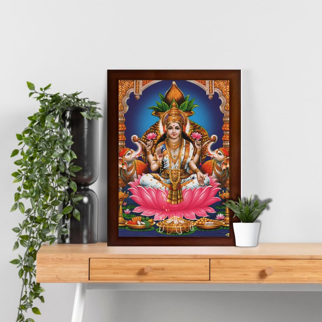 CRAFT QUEST Goddess Lakshmi Devi Dhana Vaibhav Laxmi Maa Wall Painting Framed Home Decor (Wood, Matte, Brown, Medium Size, 14 X 10 Inch)
