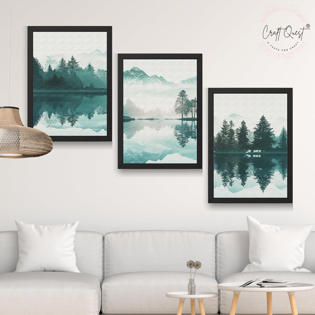 CRAFT QUEST Nature Inspired Series Paintings With Trees & Mountains Wall Art | Set of 3 Frames for Home Decoration | Ideal for Living Room, Bedroom & Offices