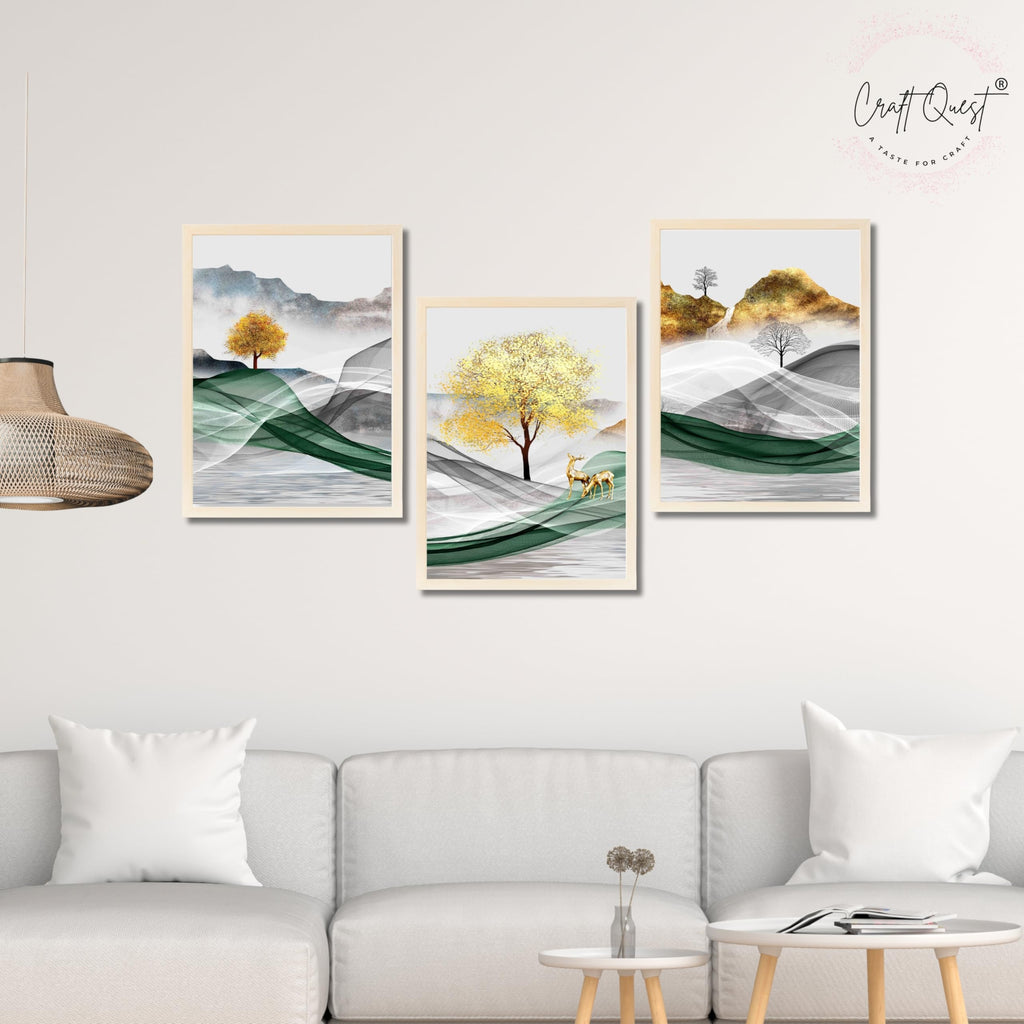 CRAFT QUEST Modern Art Landscapes Abstract Of Moose Golden Mural Wall Art | Set of 3 Frames for Home Decoration | Ideal for Living Room, Bedroom & Offices