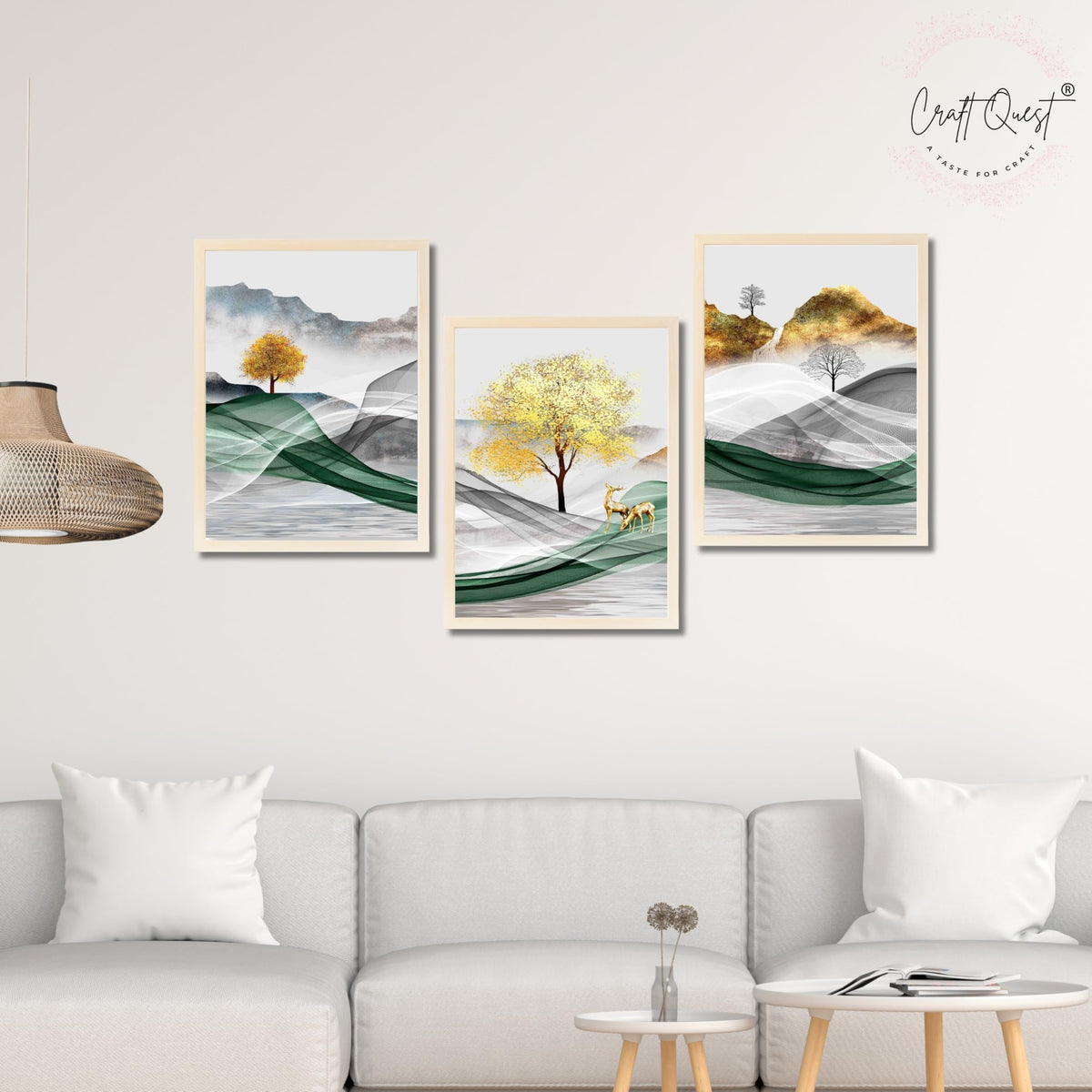 CRAFT QUEST Modern Art Landscapes Abstract Of Moose Golden Mural Wall Art | Set of 3 Frames for Home Decoration | Ideal for Living Room, Bedroom & Offices