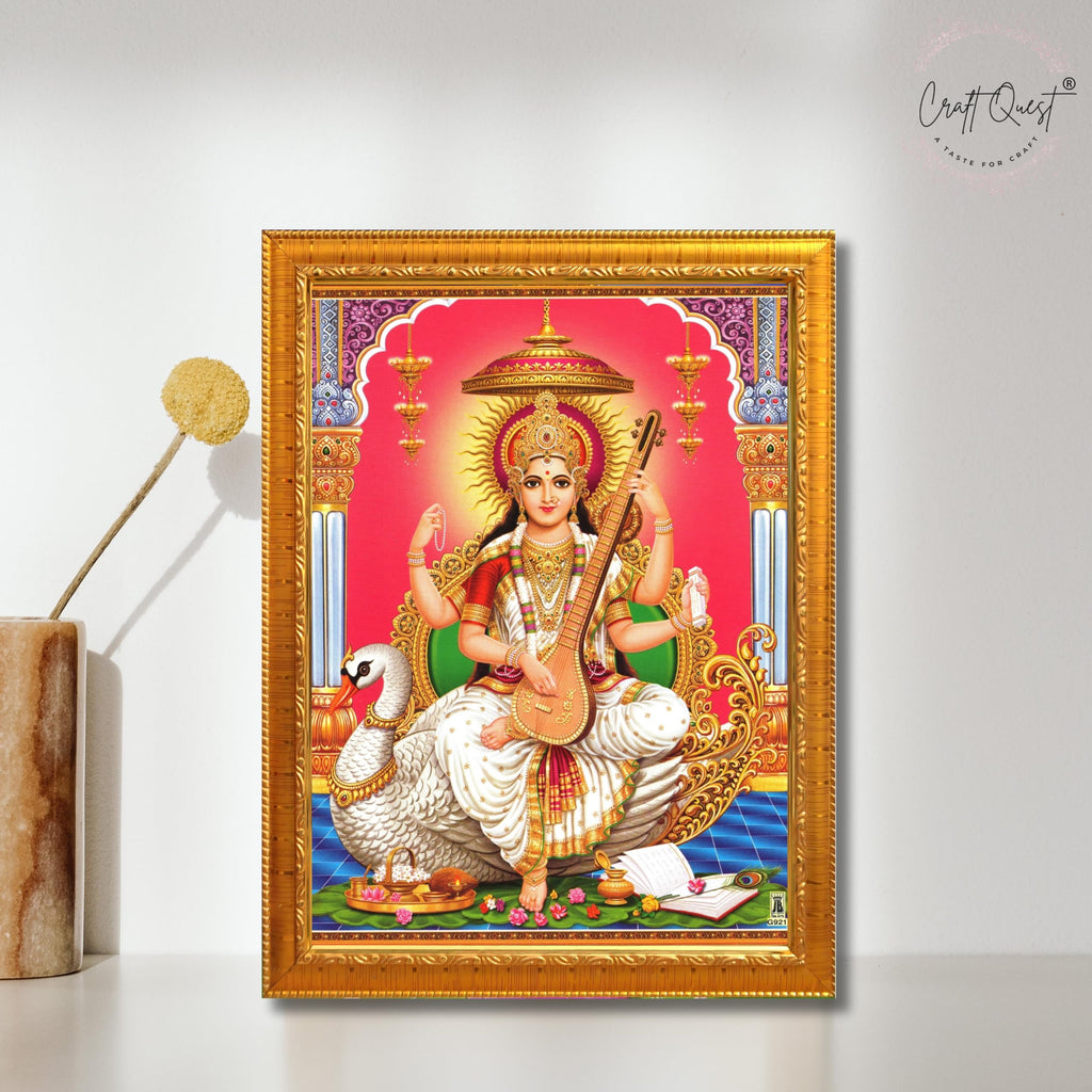 CRAFT QUEST Saraswati Devi Goddess Saraswathi Maa Wall Painting Sparkle Coated Framed Home Décor Synthetic wooden Framed