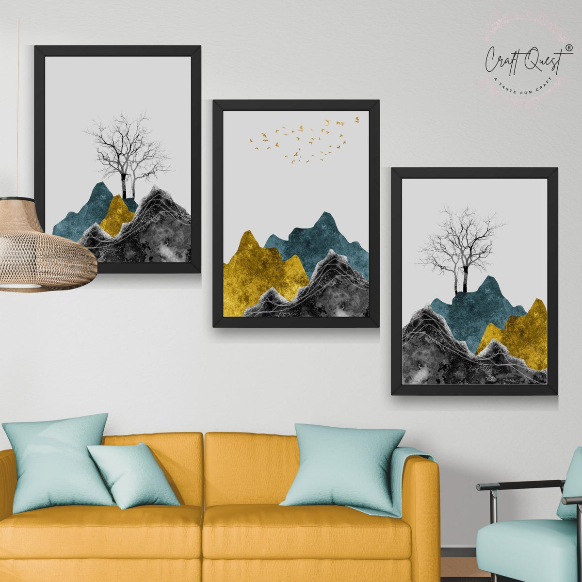 CRAFT QUEST Chinese Landscape Abstract Art Modern Art | Set of 3 Frames for Home Decoration | Ideal for Living Room, Bedroom & Offices