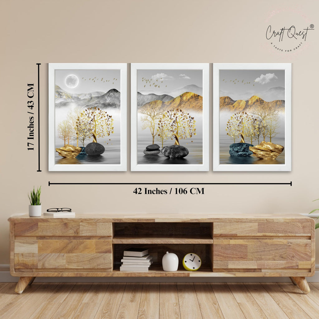 CRAFT QUEST Modern Art Landscape Golden Tree,Birds & Mountains Wall Art | Set of 3 Frames for Home Decoration | Ideal for Living Room, Bedroom & Offices