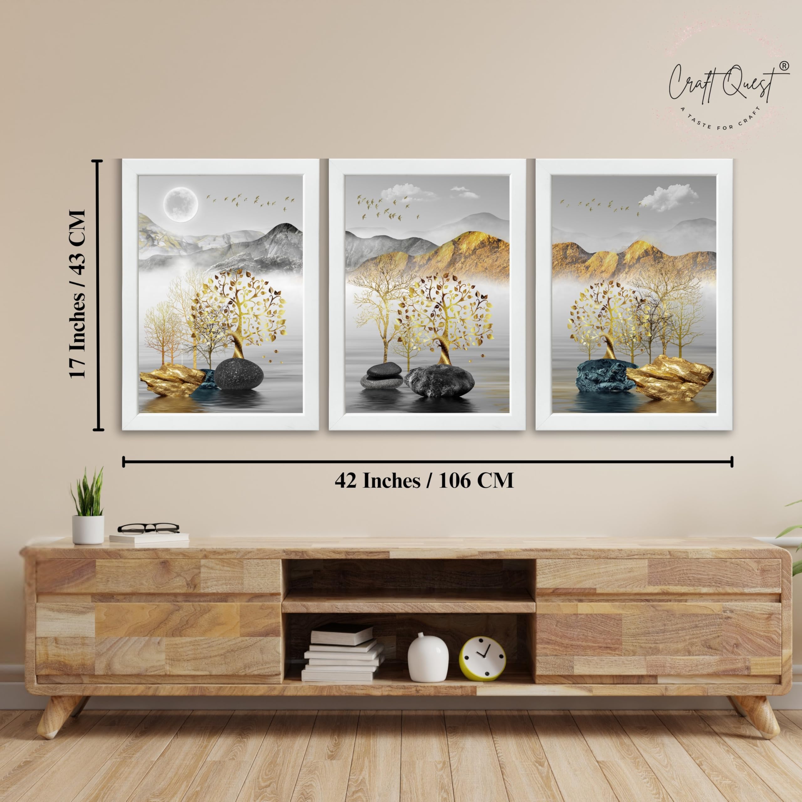 CRAFT QUEST Modern Art Landscape Golden Tree,Birds & Mountains Wall Art | Set of 3 Frames for Home Decoration | Ideal for Living Room, Bedroom & Offices