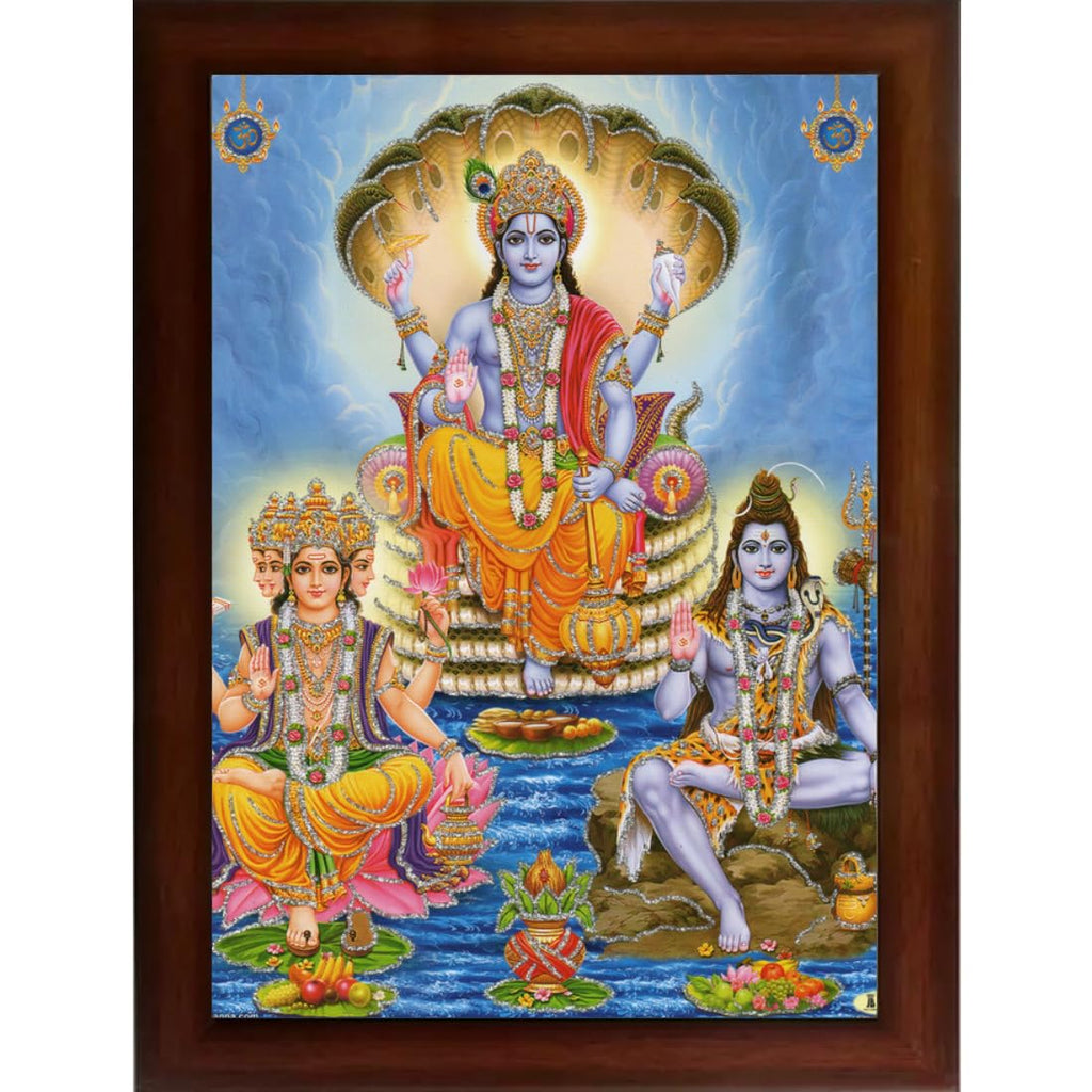 CRAFT QUEST Lord Brahma Vishnu and Mahesh Wall Art, HD Printed Religious & Decor Picture with Frame (14 x 10 Inches, Brown Wood)