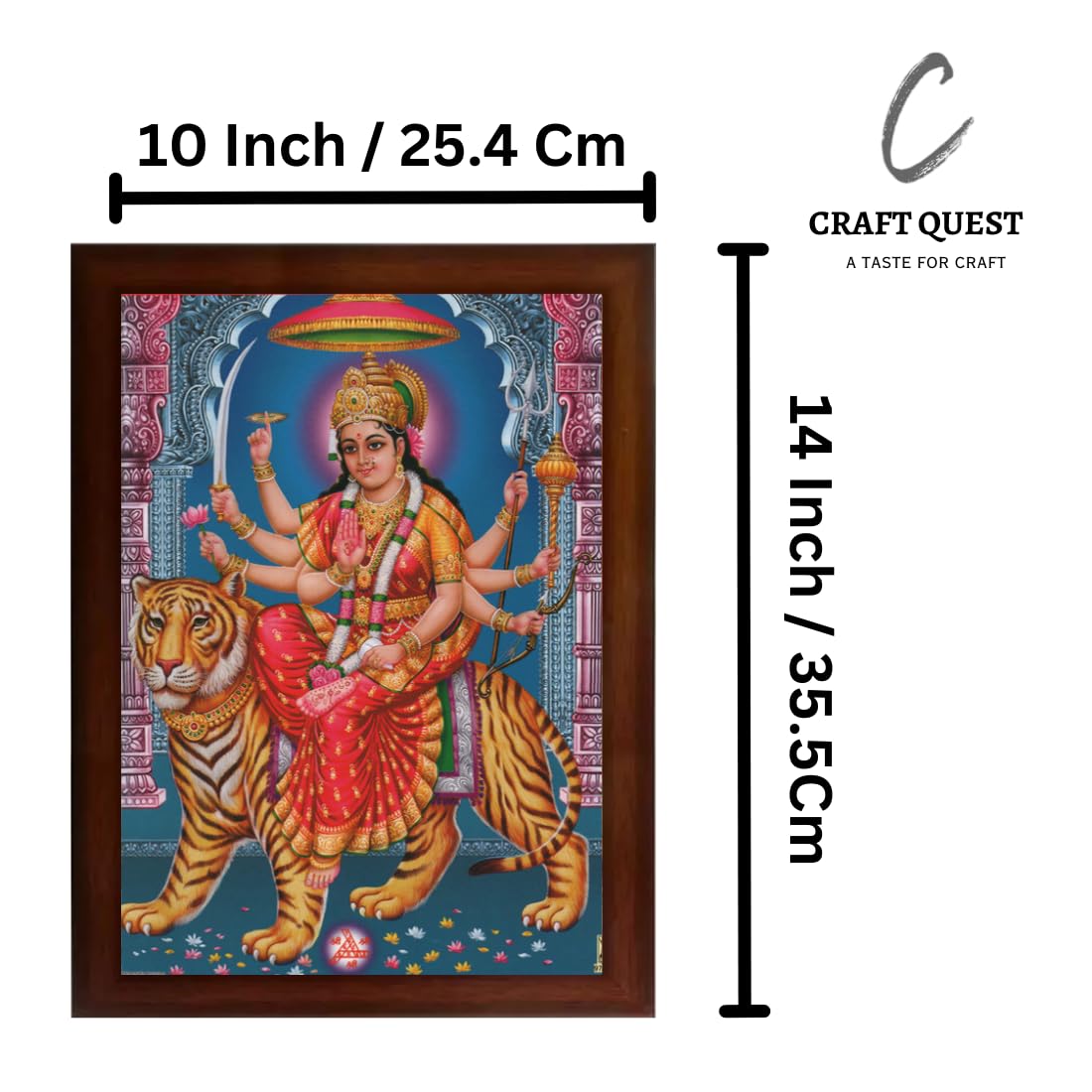 Craft Quest Durga mata photo with brown frame, God Religious Framed Painting (Large Size 14 X 10 Inches. Multicolour)