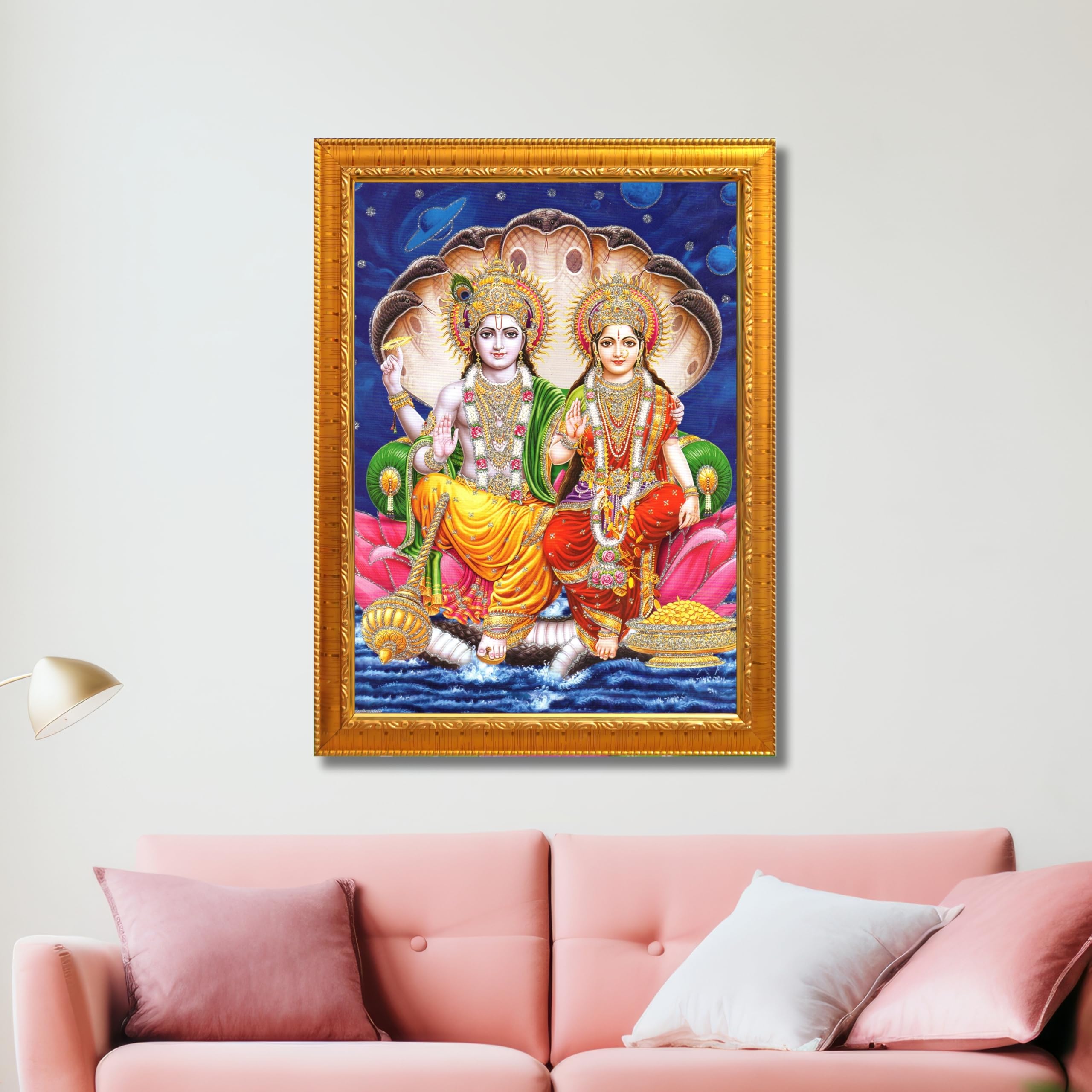 CRAFT QUEST Lord Vishnu and Goddess Lakshmi Giving Blessing on Shesh naag, Glitter Work Painting Synthetic Wood Frame