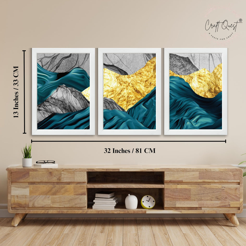 CRAFT QUEST Modern Art Abstract Golden Fashion Wall Art | Set of 3 Frames for Home Decoration | Ideal for Living Room, Bedroom & Offices