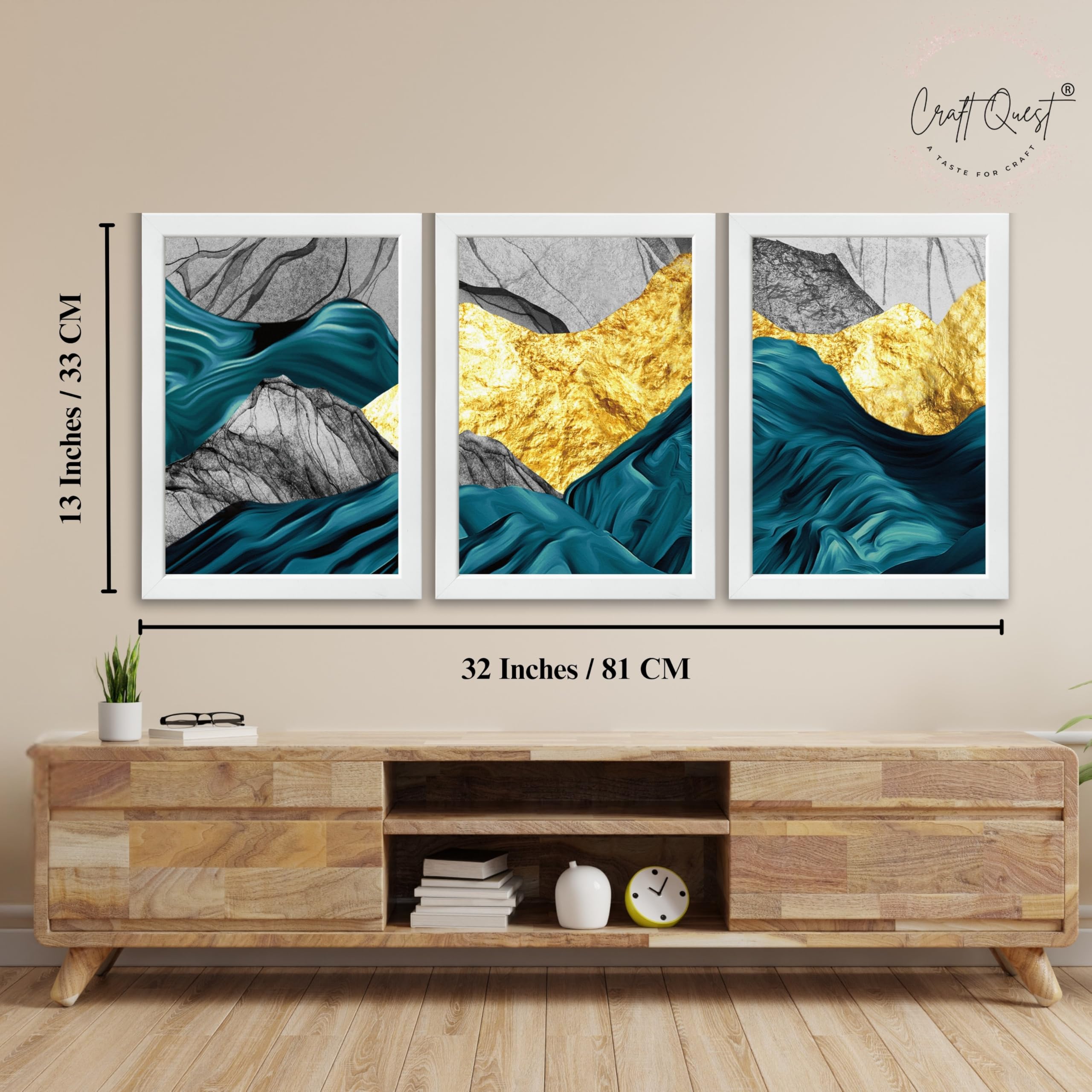 CRAFT QUEST Modern Art Abstract Golden Fashion Wall Art | Set of 3 Frames for Home Decoration | Ideal for Living Room, Bedroom & Offices