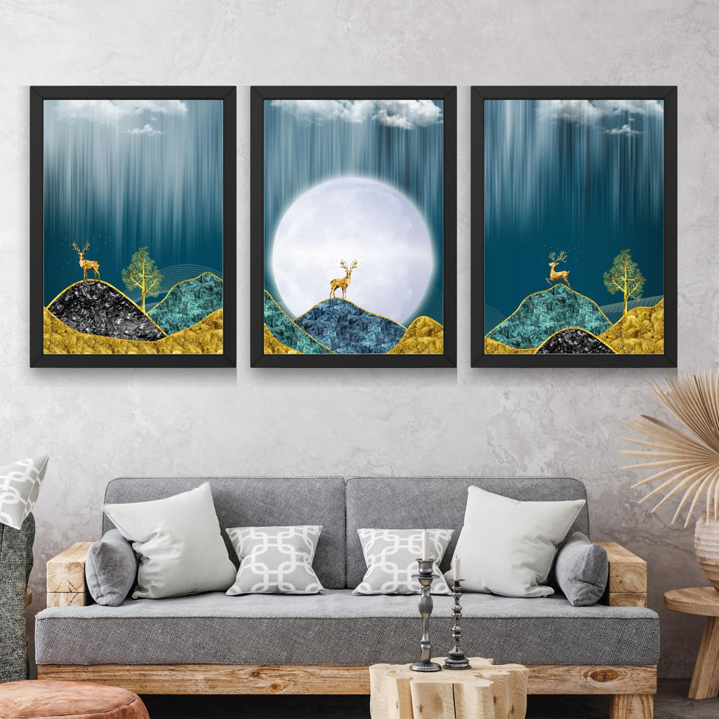 CRAFT QUEST Modern Art Landscape Of Moon & Golden Christmas Trees Wall Art | Set of 3 Frames for Home Decoration | Ideal for Living Room, Bedroom & Offices