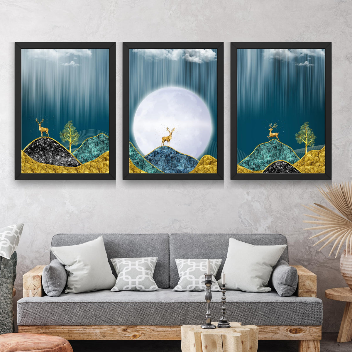 CRAFT QUEST Modern Art Landscape Of Moon & Golden Christmas Trees Wall Art | Set of 3 Frames for Home Decoration | Ideal for Living Room, Bedroom & Offices
